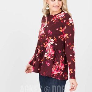 Agnes & Dora Relaxed Ruffle Top Long Sleeve Maroon Floral Size Large (12-14) NWT